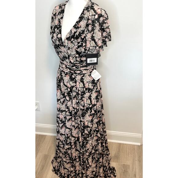 Mac Duggal Floral Print Flutter Sleeve A Line Dress Gown Black 11266 Size 6 New - Picture 7 of 16